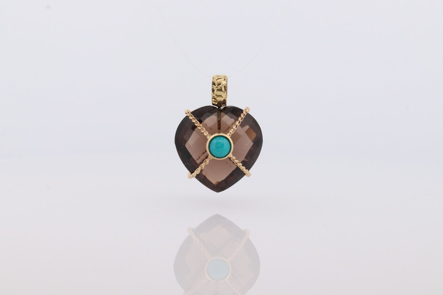 18k Heart Pendant. Smoky Quartz Carved Heart Pendant Charm. Turquoise Cabochon with 18k Bound Large Heart Pendant. st(92)