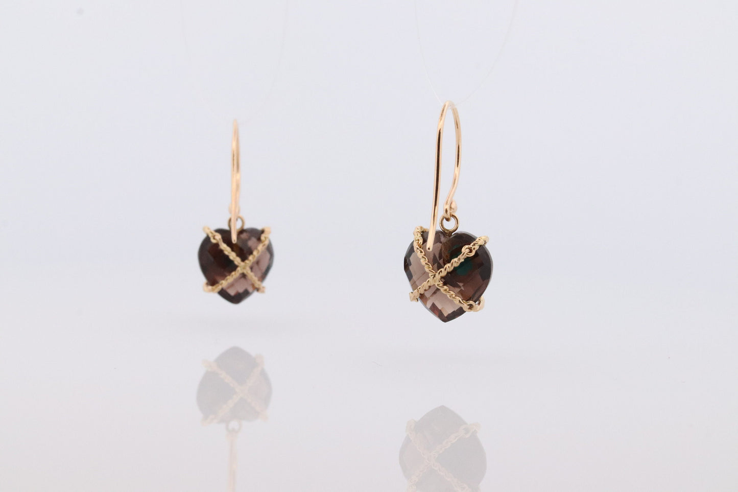 18k Heart Earrings. Smoky Quartz Carved Heart Dangle Earrings. Turquoise Cabochon with 18k Bound Large Heart. st(92)