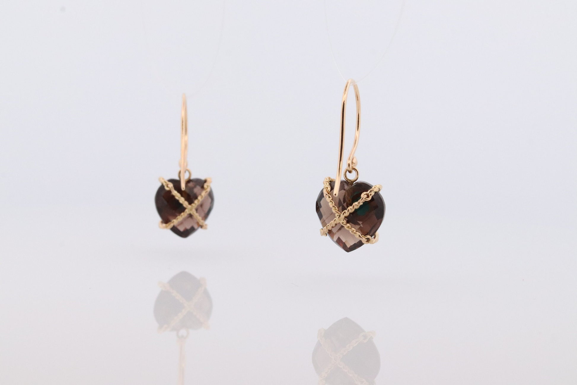 18k Heart Earrings. Smoky Quartz Carved Heart Dangle Earrings. Turquoise Cabochon with 18k Bound Large Heart. st(92)