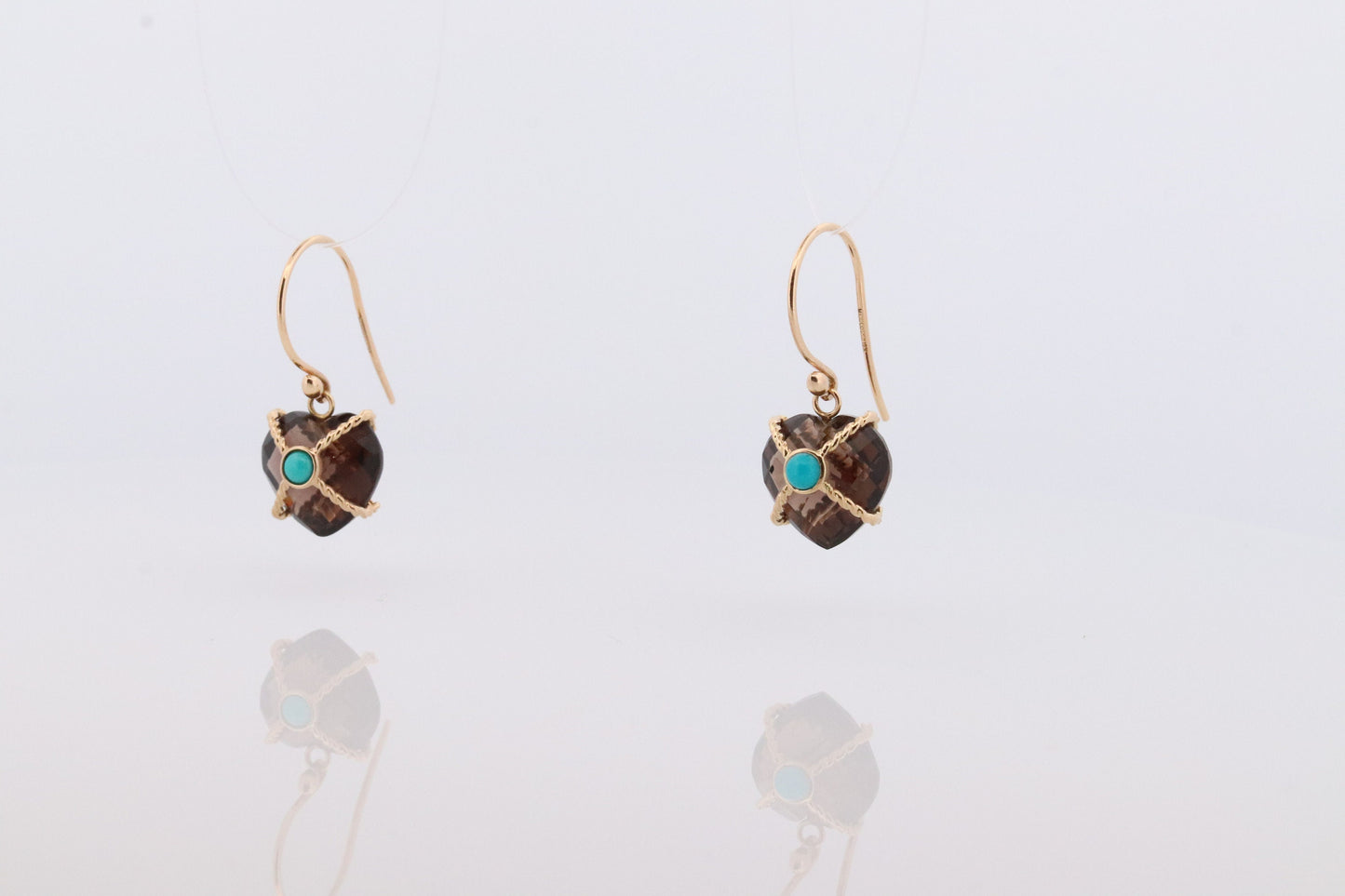 18k Heart Earrings. Smoky Quartz Carved Heart Dangle Earrings. Turquoise Cabochon with 18k Bound Large Heart. st(92)