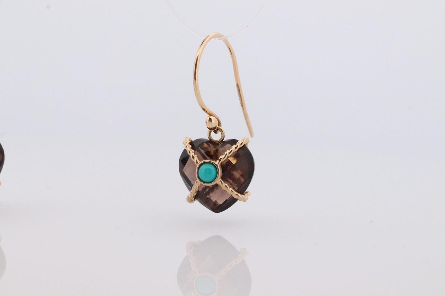 18k Heart Earrings. Smoky Quartz Carved Heart Dangle Earrings. Turquoise Cabochon with 18k Bound Large Heart. st(92)
