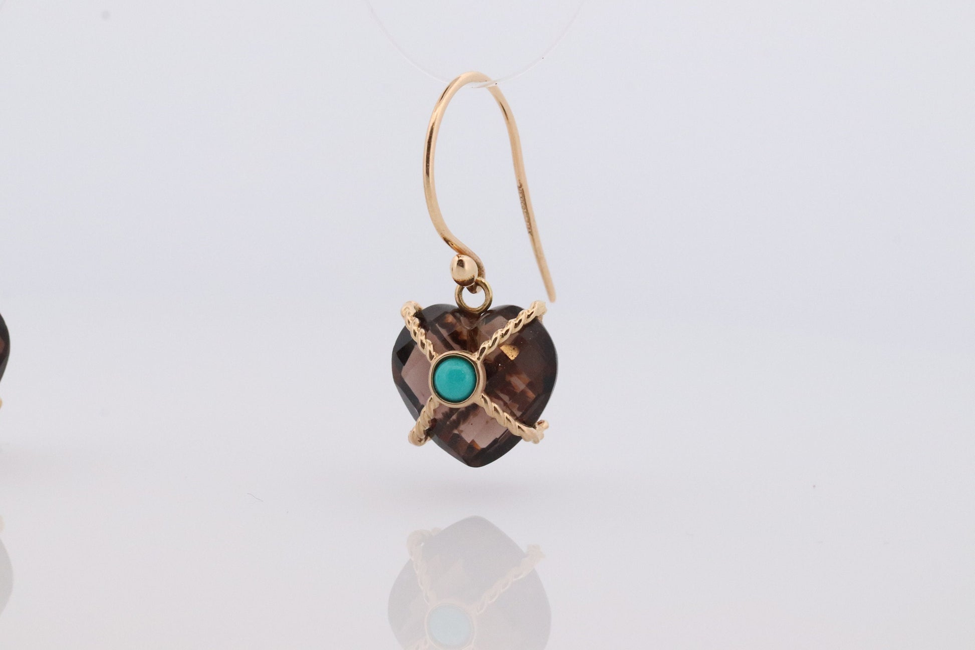 18k Heart Earrings. Smoky Quartz Carved Heart Dangle Earrings. Turquoise Cabochon with 18k Bound Large Heart. st(92)