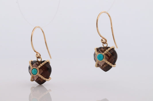 18k Heart Earrings. Smoky Quartz Carved Heart Dangle Earrings. Turquoise Cabochon with 18k Bound Large Heart. st(92)