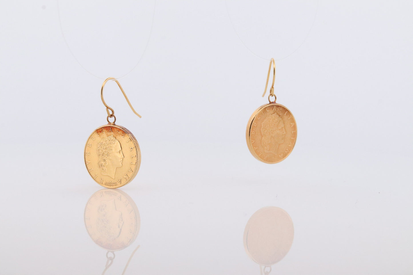 14k Coin Dangle earrings. 14k 50 Lire Italian Republic 1991 Coin bezel set Charm Earrings. st(38)