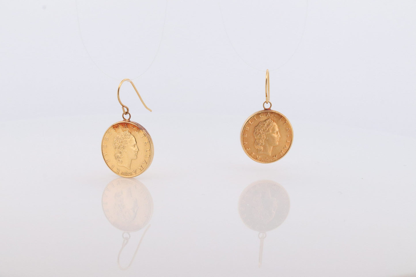 14k Coin Dangle earrings. 14k 50 Lire Italian Republic 1991 Coin bezel set Charm Earrings. st(38)
