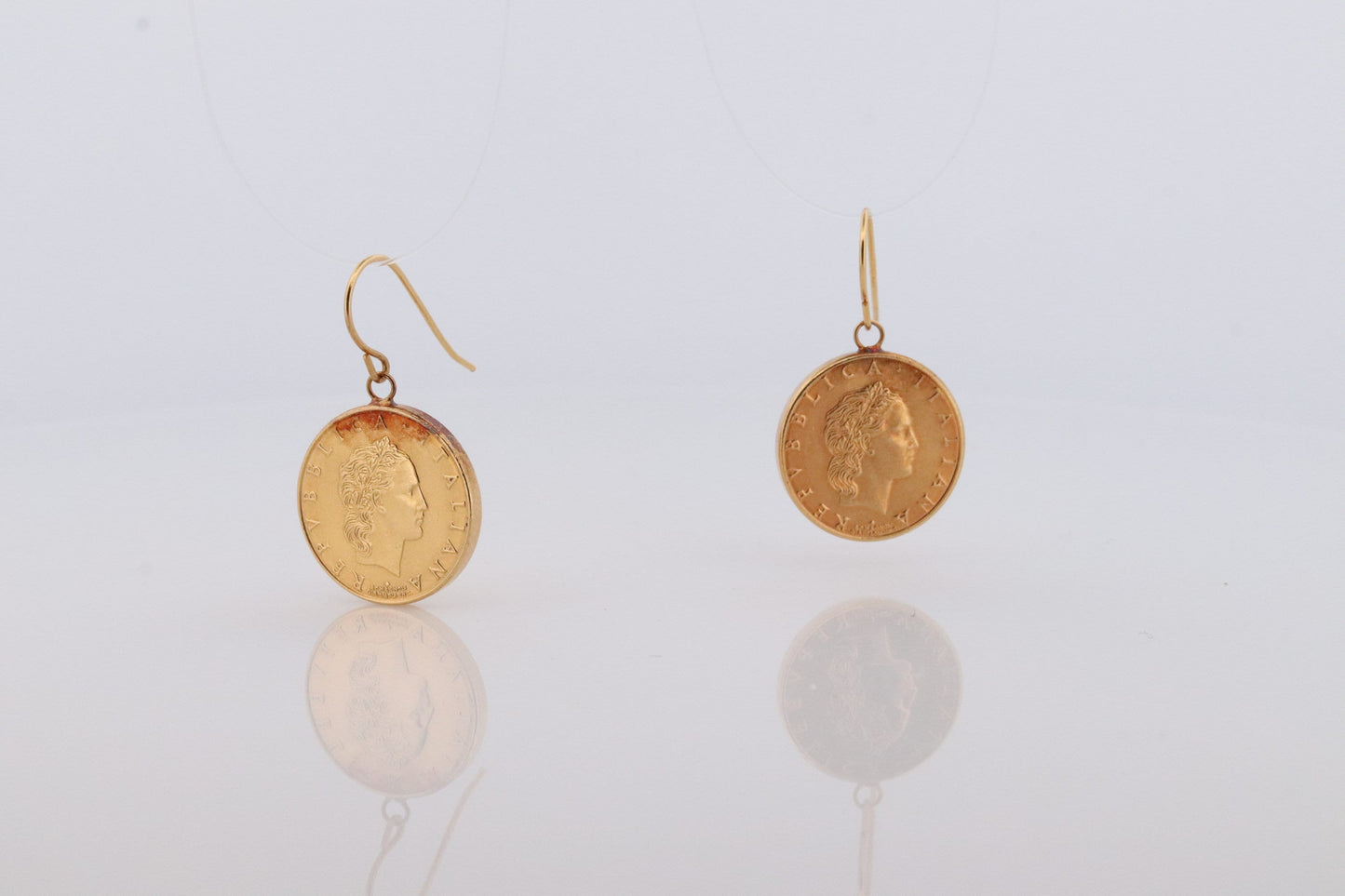 14k Coin Dangle earrings. 14k 50 Lire Italian Republic 1991 Coin bezel set Charm Earrings. st(38)