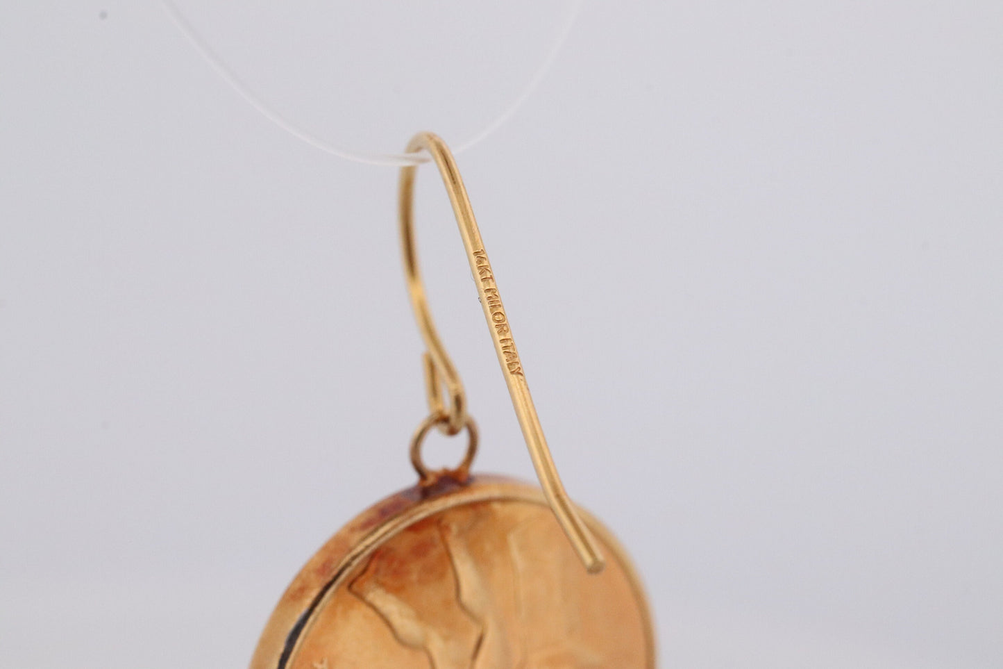 14k Coin Dangle earrings. 14k 50 Lire Italian Republic 1991 Coin bezel set Charm Earrings. st(38)