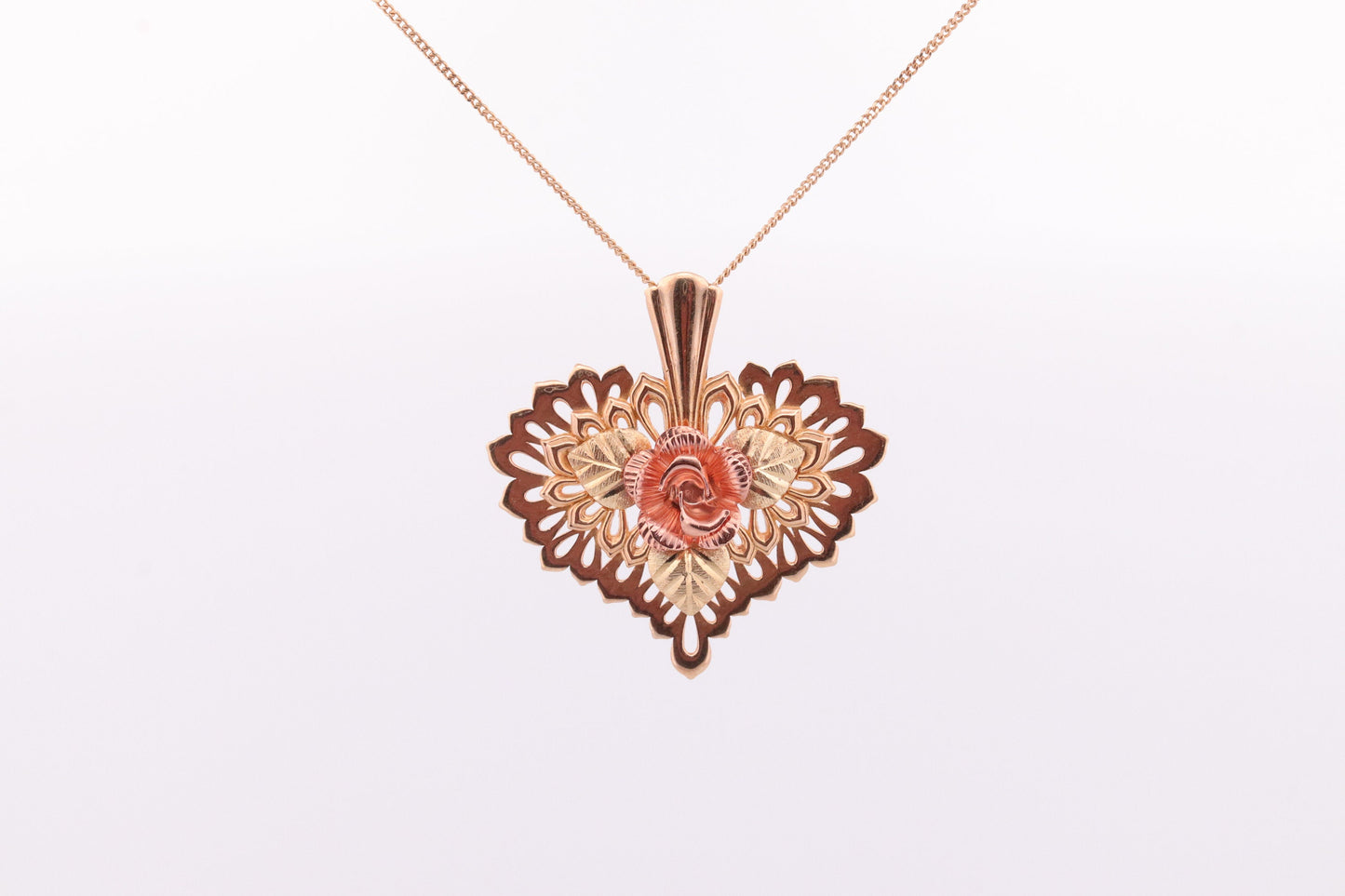 Black Hills Gold Heart Necklace. Large Open Filigree Heart with Rose. 10k multi tone Black Hills Gold. st(60)
