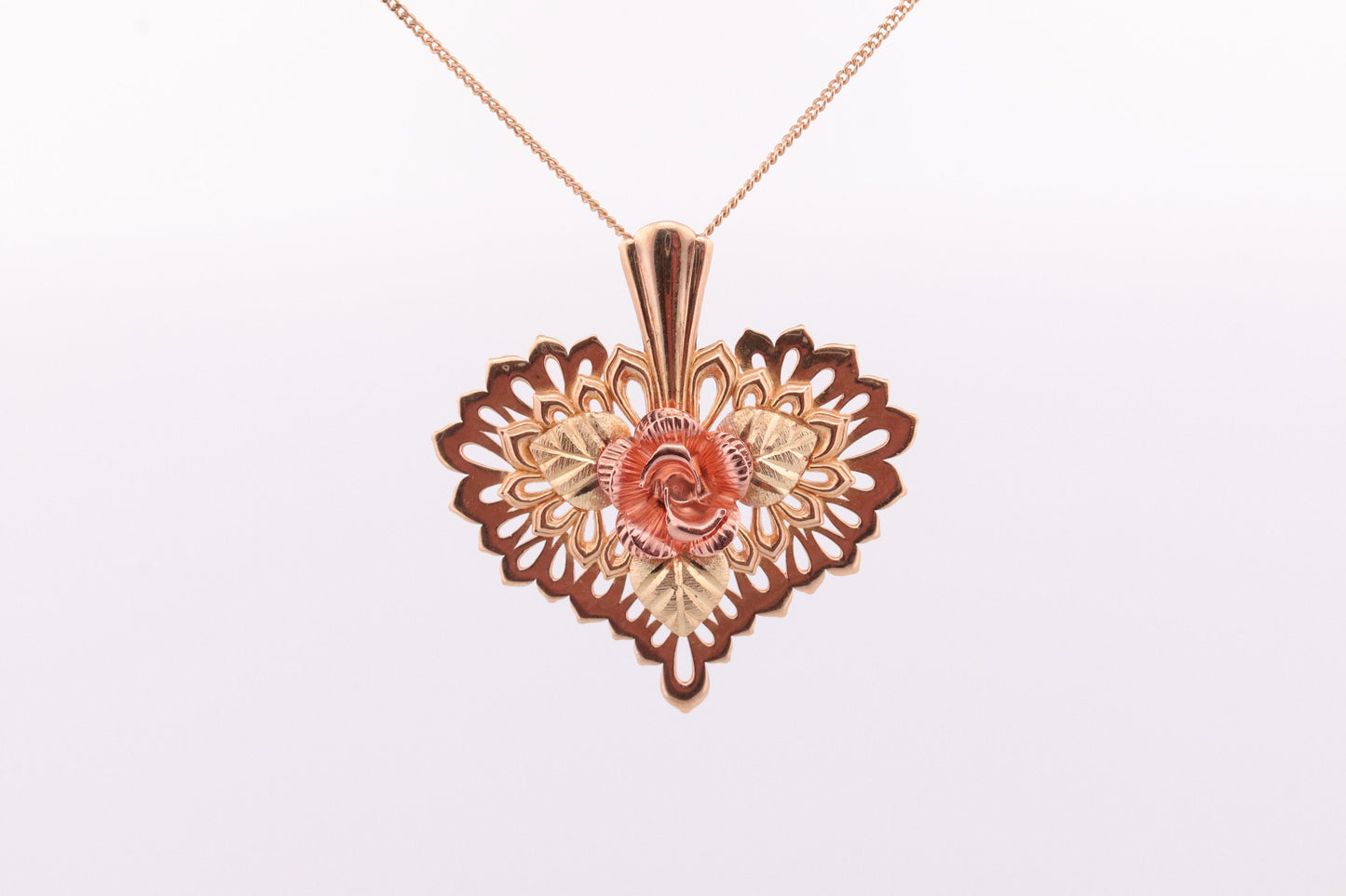 Black Hills Gold Heart Necklace. Large Open Filigree Heart with Rose. 10k multi tone Black Hills Gold. st(60)