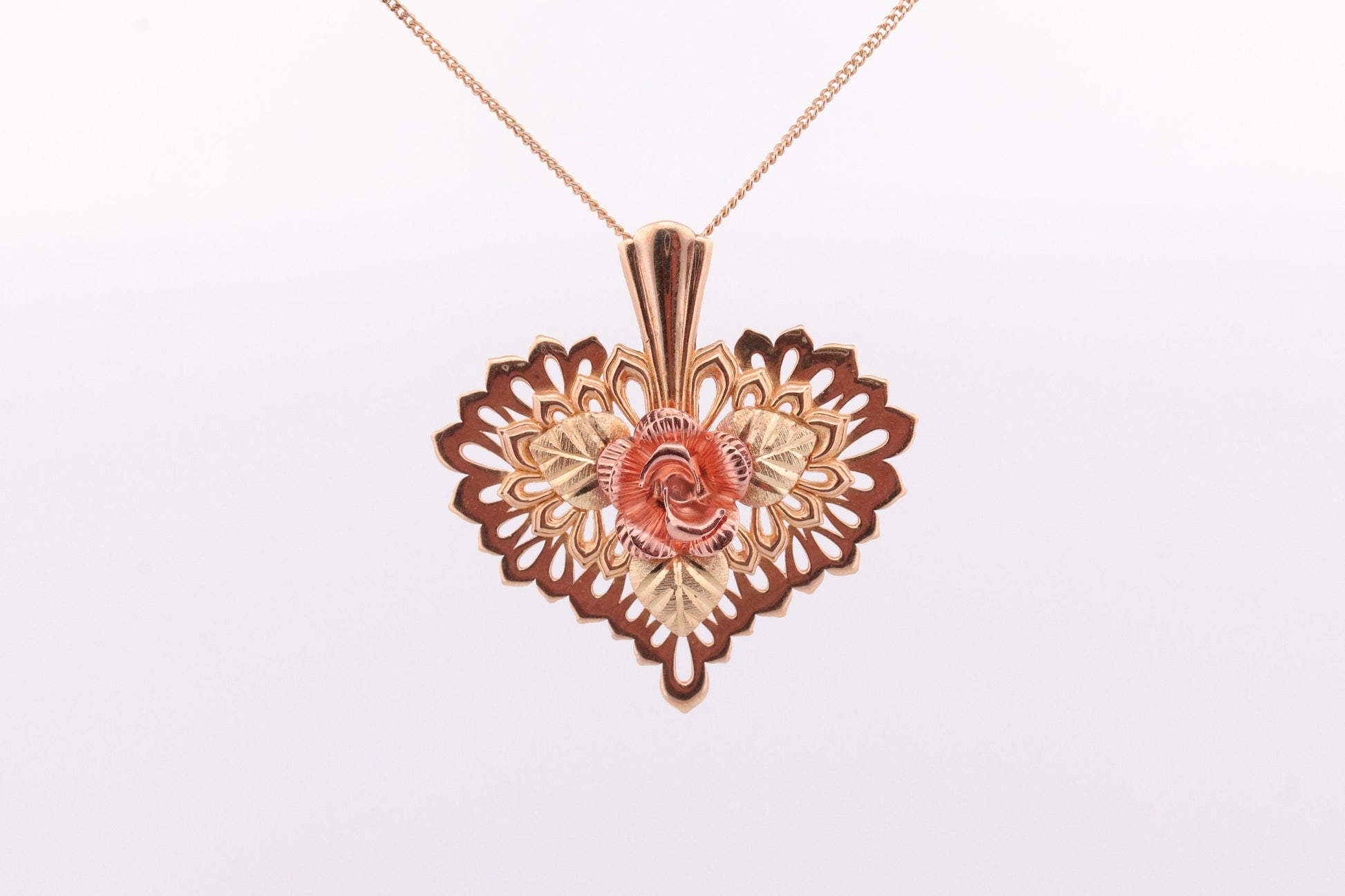 Black Hills Gold Heart Necklace. Large Open Filigree Heart with Rose. 10k multi tone Black Hills Gold. st(60)
