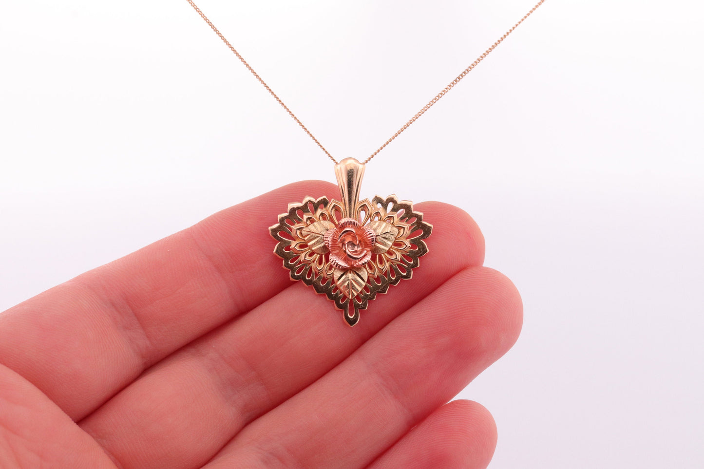 Black Hills Gold Heart Necklace. Large Open Filigree Heart with Rose. 10k multi tone Black Hills Gold. st(60)