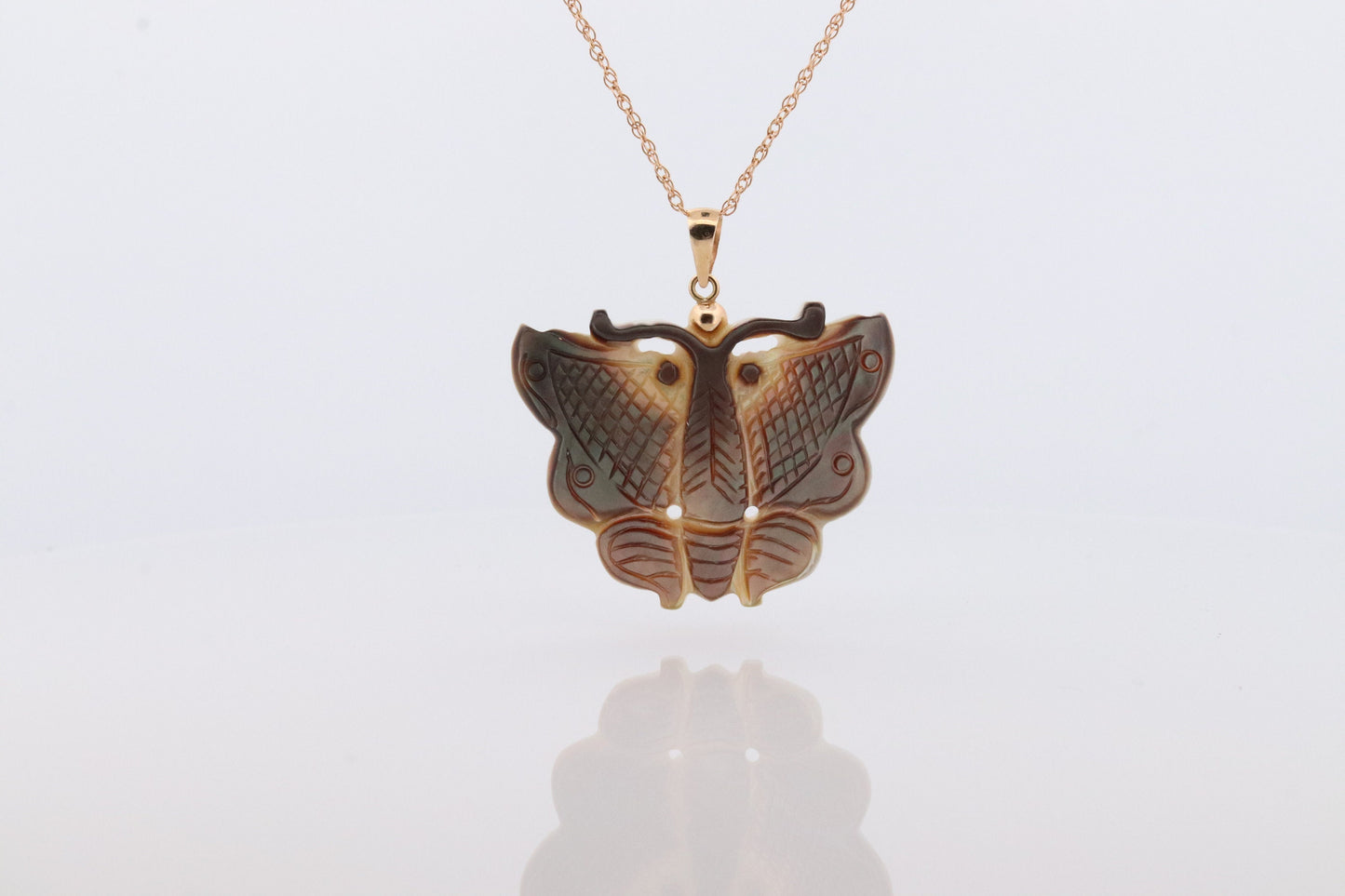 MOP 14k Butterfly. Large Butterfly Pendant. 14k yellow gold chain necklace. PJS Gold Pendant. st(77)