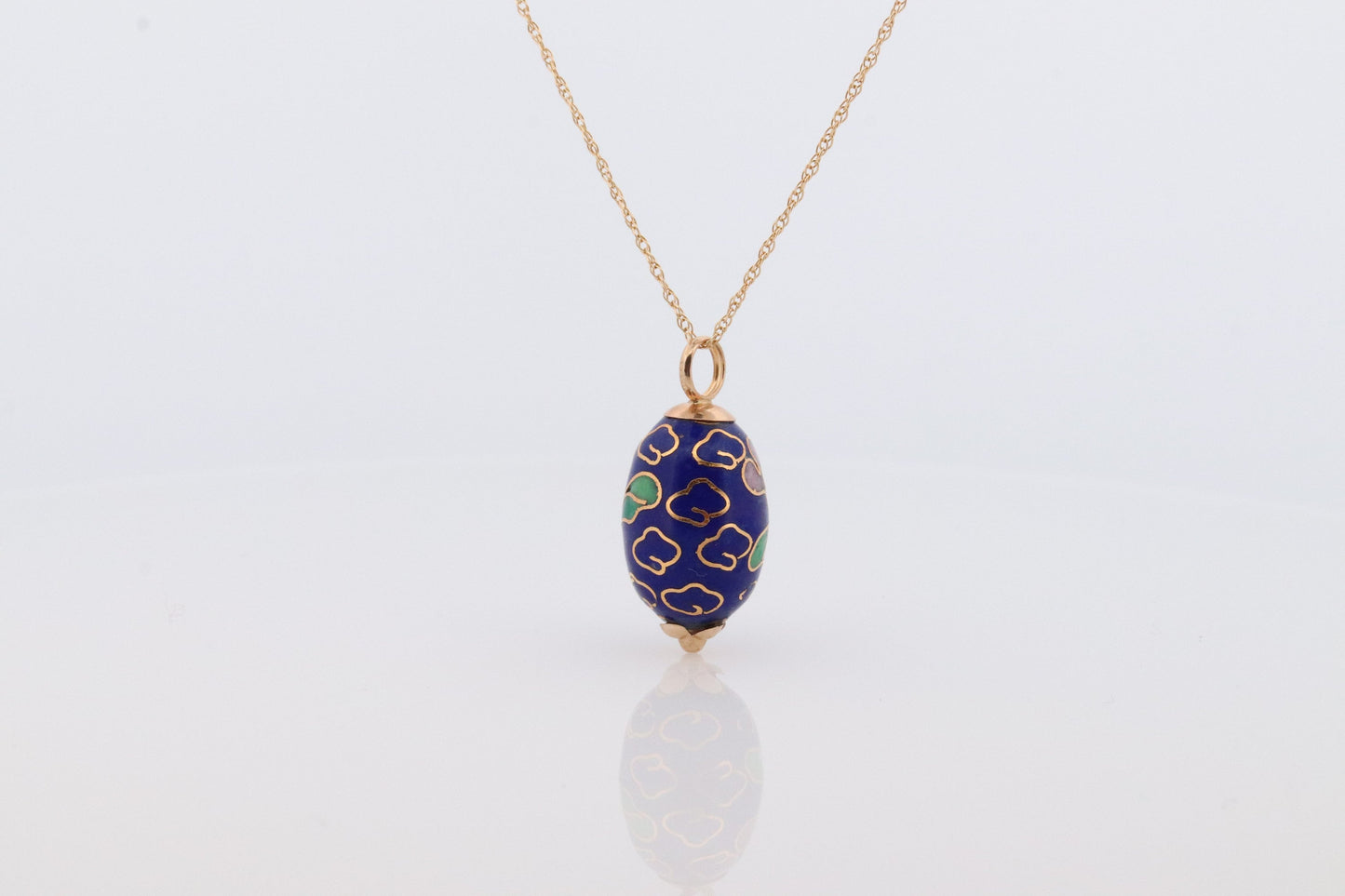 14k EGG Necklace. 14k Yellow Gold Enamel Egg Pendant charm with wheat chain necklace. st77