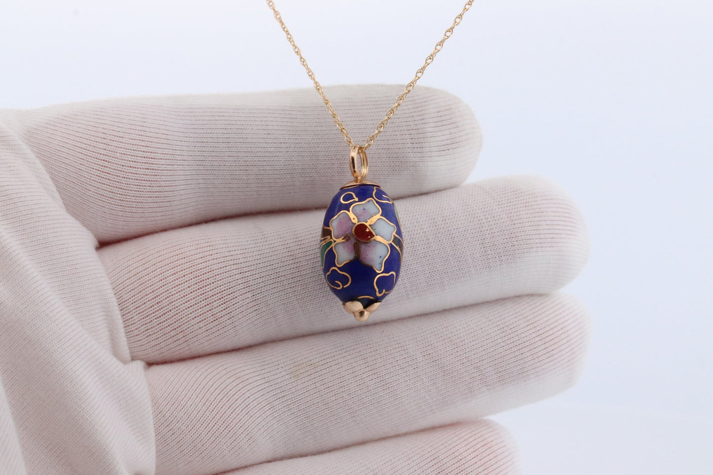 14k EGG Necklace. 14k Yellow Gold Enamel Egg Pendant charm with wheat chain necklace. st77