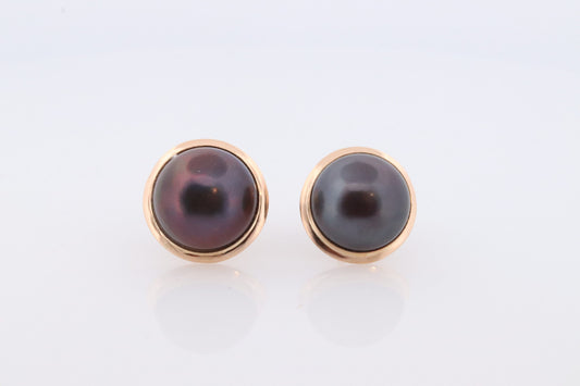 14k Large MABE Pearl Black / Blue Clip On earrings. Non Pierced Omega Back Clips Mabe Pearl Earrings st(62)