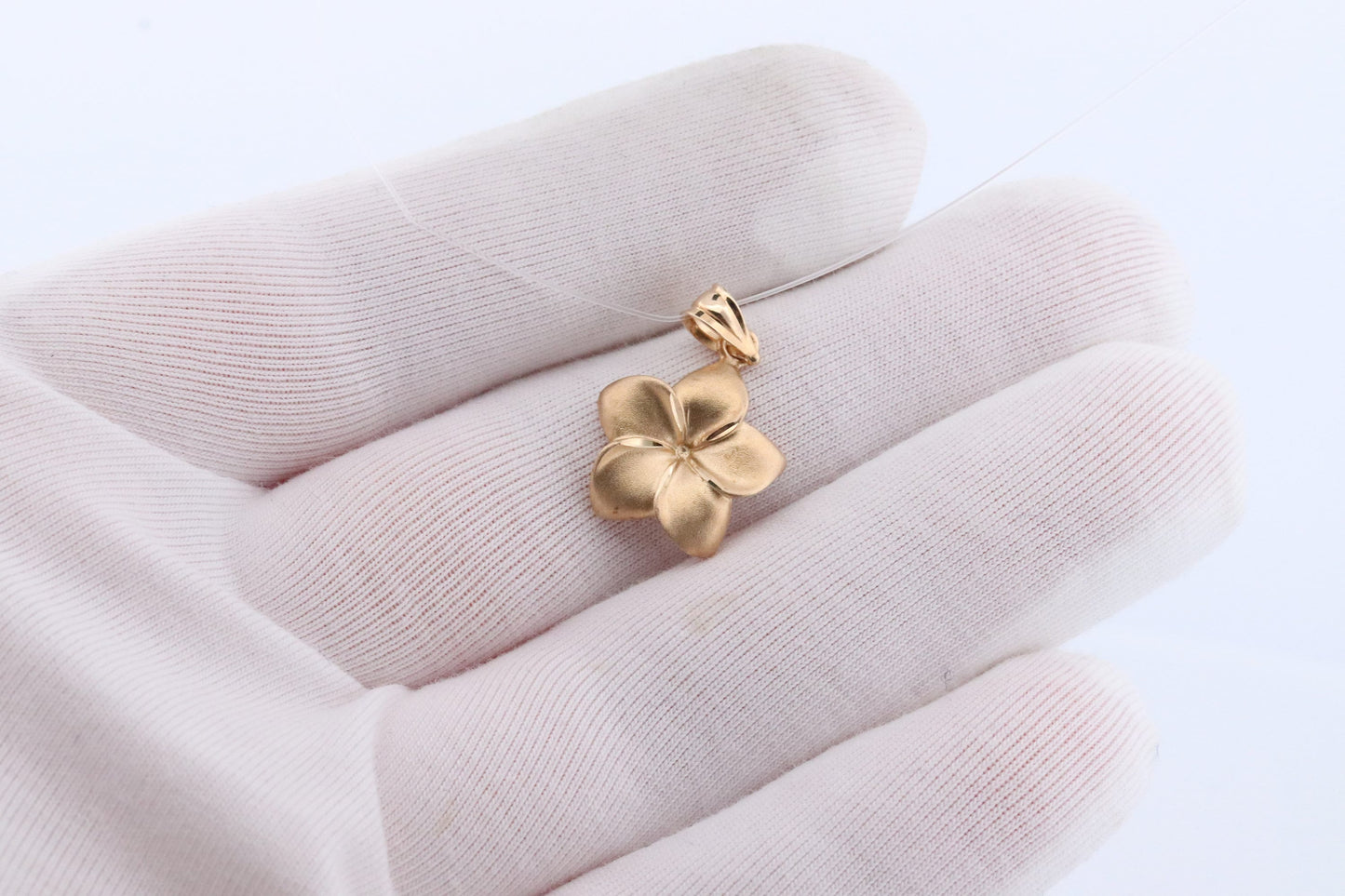 14k Flower Plumeria Pendant. Plumeria Charm 14k Yellow Gold. Satin Textured. Hawaiian Flower Pendant