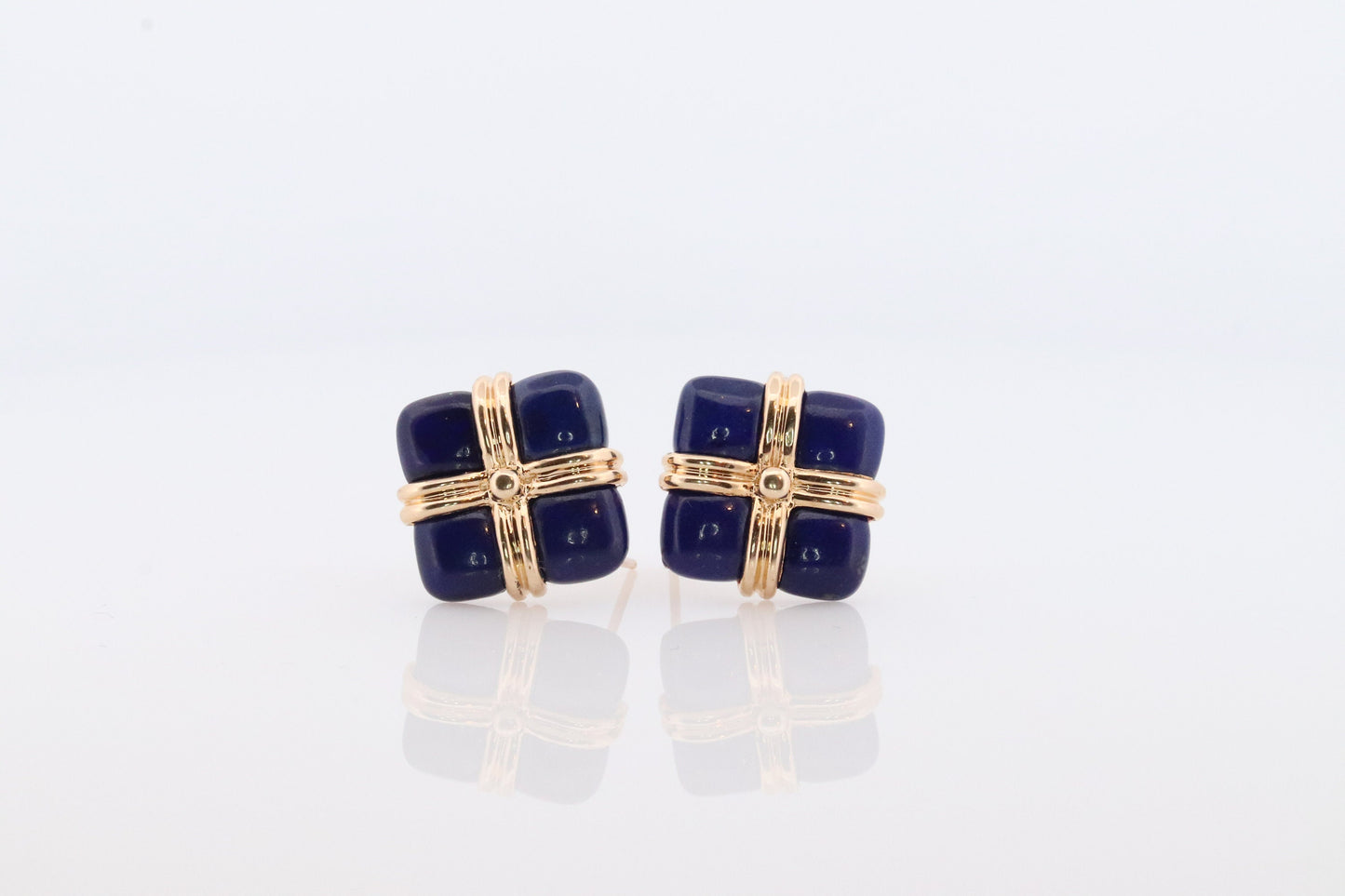 14k Lapis Lazuli earrings. GIFT square wrapped presents Blue Lapis Lazuli Stud gold earrings. Carved Lapis Studs. st(124)