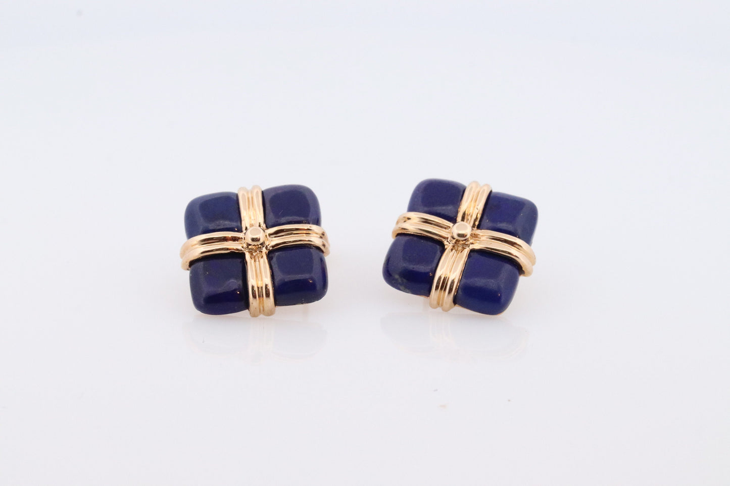 14k Lapis Lazuli earrings. GIFT square wrapped presents Blue Lapis Lazuli Stud gold earrings. Carved Lapis Studs. st(124)