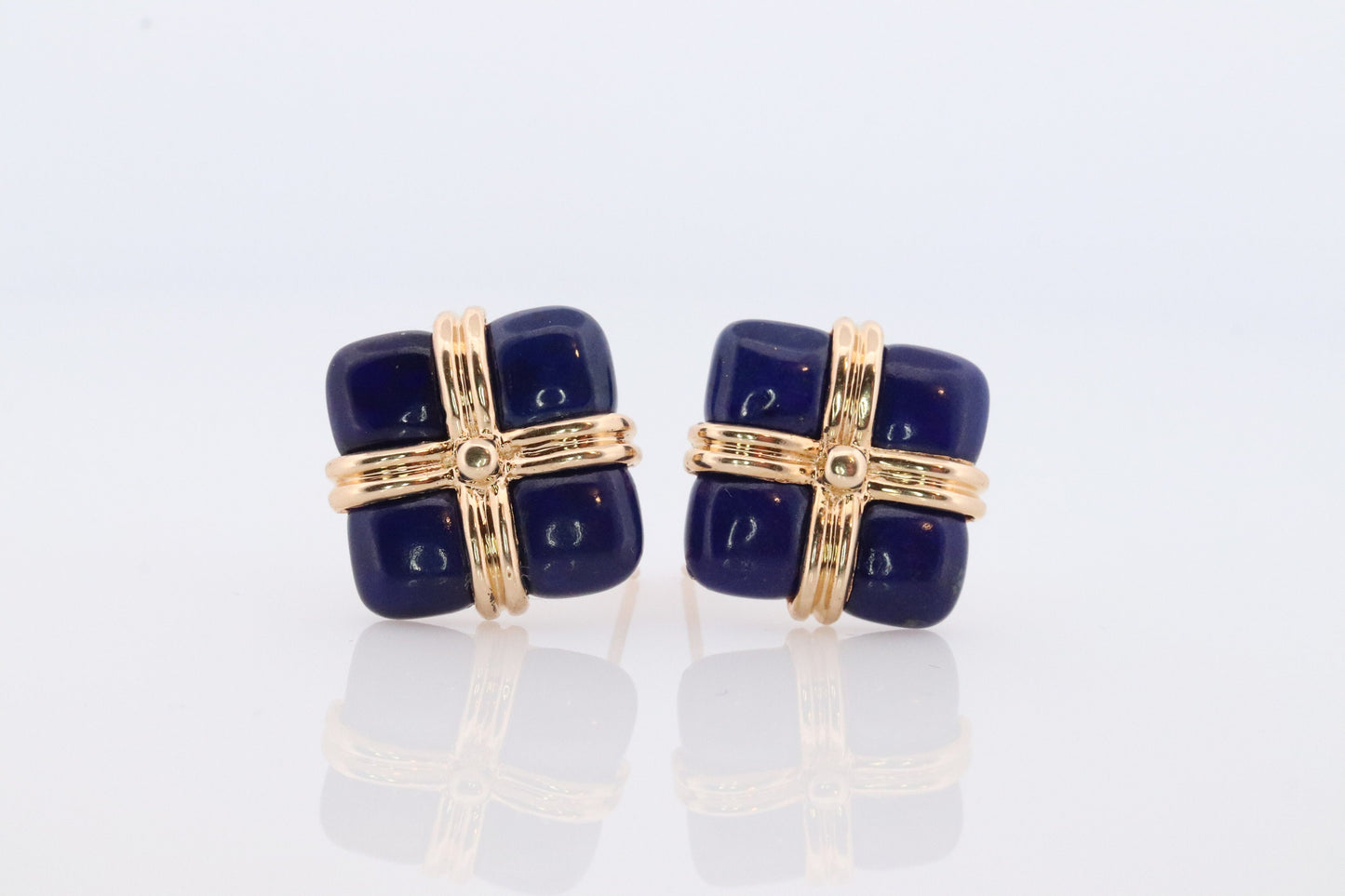 14k Lapis Lazuli earrings. GIFT square wrapped presents Blue Lapis Lazuli Stud gold earrings. Carved Lapis Studs. st(124)