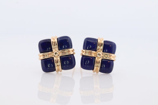 14k Lapis Lazuli earrings. GIFT square wrapped presents Blue Lapis Lazuli Stud gold earrings. Carved Lapis Studs. st(124)