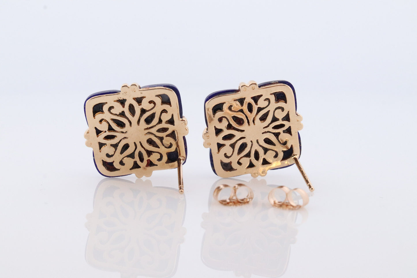 14k Lapis Lazuli earrings. GIFT square wrapped presents Blue Lapis Lazuli Stud gold earrings. Carved Lapis Studs. st(124)