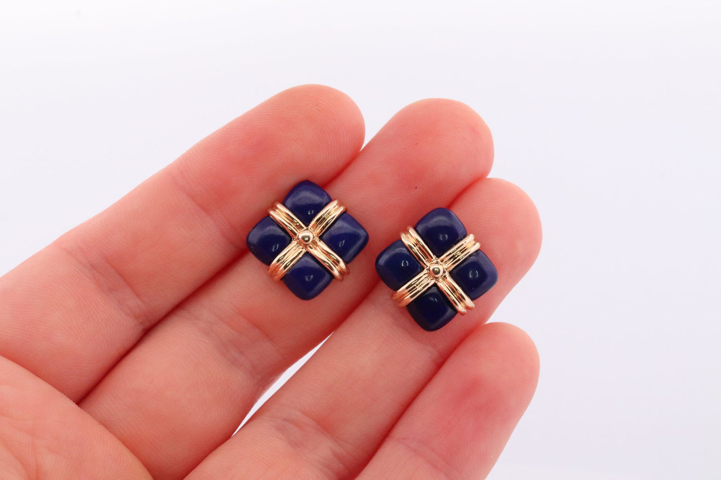 14k Lapis Lazuli earrings. GIFT square wrapped presents Blue Lapis Lazuli Stud gold earrings. Carved Lapis Studs. st(124)