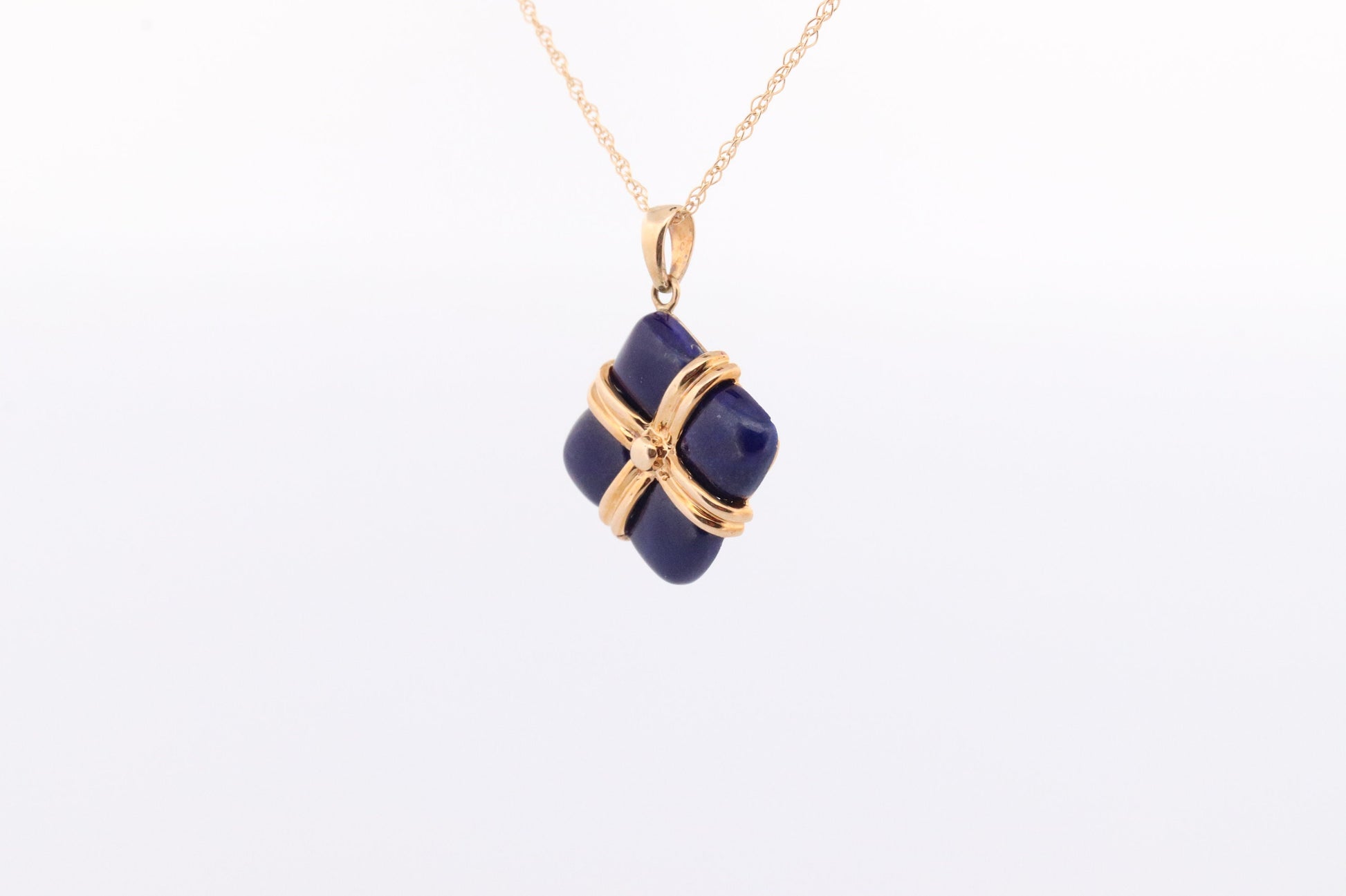 14k Lapis Lazuli Pendant. GIFT square wrapped presents Blue Lapis Lazuli gold Necklace. Carved Lapis Blue. st(124)