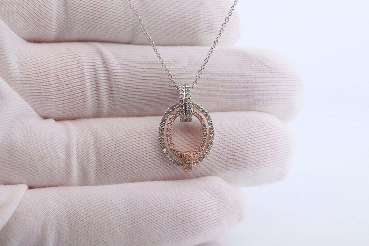 SIMON G 18k diamond Loop Pendant. 18k White and Rose Gold Pave Diamond Necklace. Double Halo Pendant. st(242)