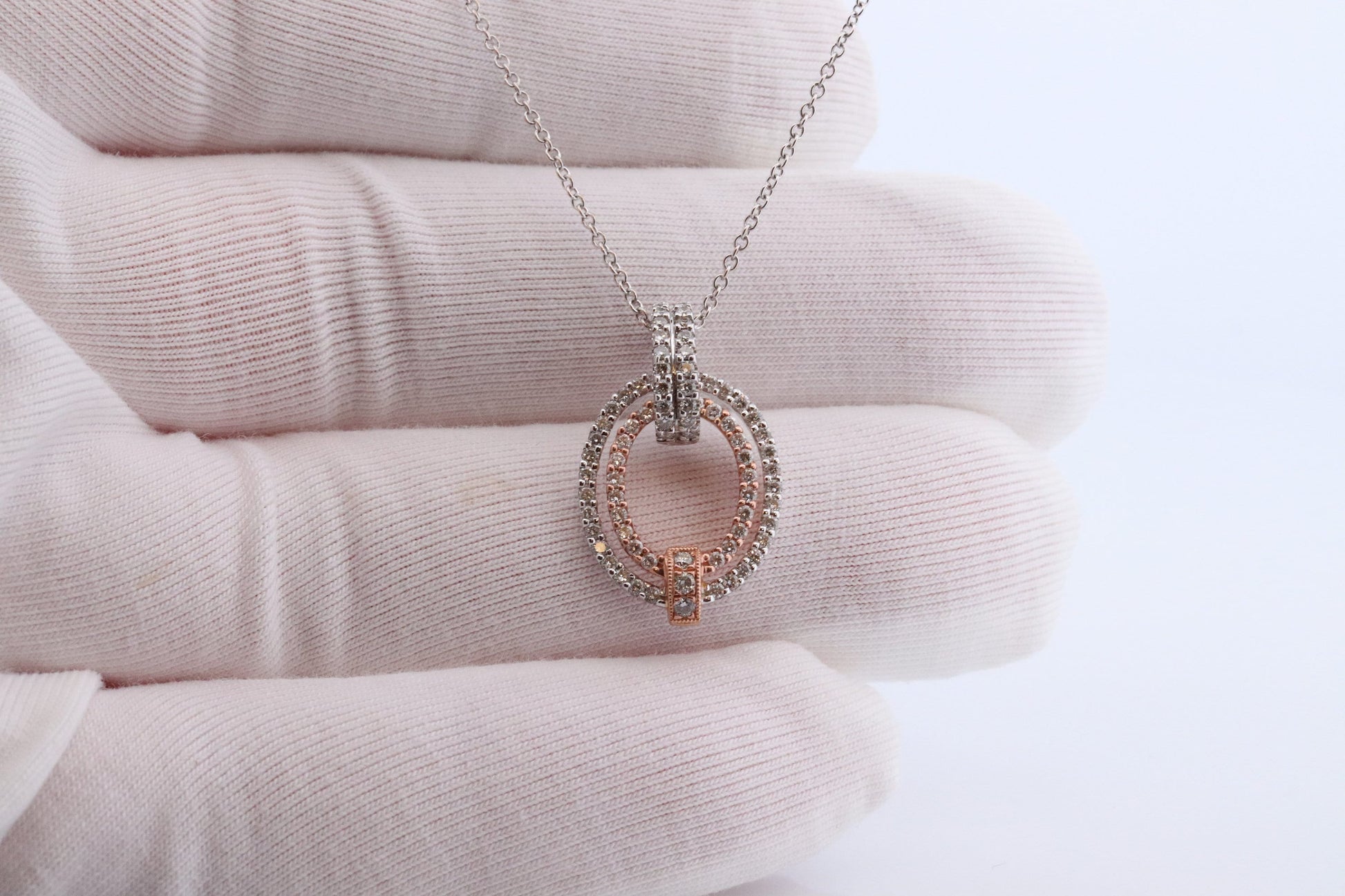 SIMON G 18k diamond Loop Pendant. 18k White and Rose Gold Pave Diamond Necklace. Double Halo Pendant. st(242)