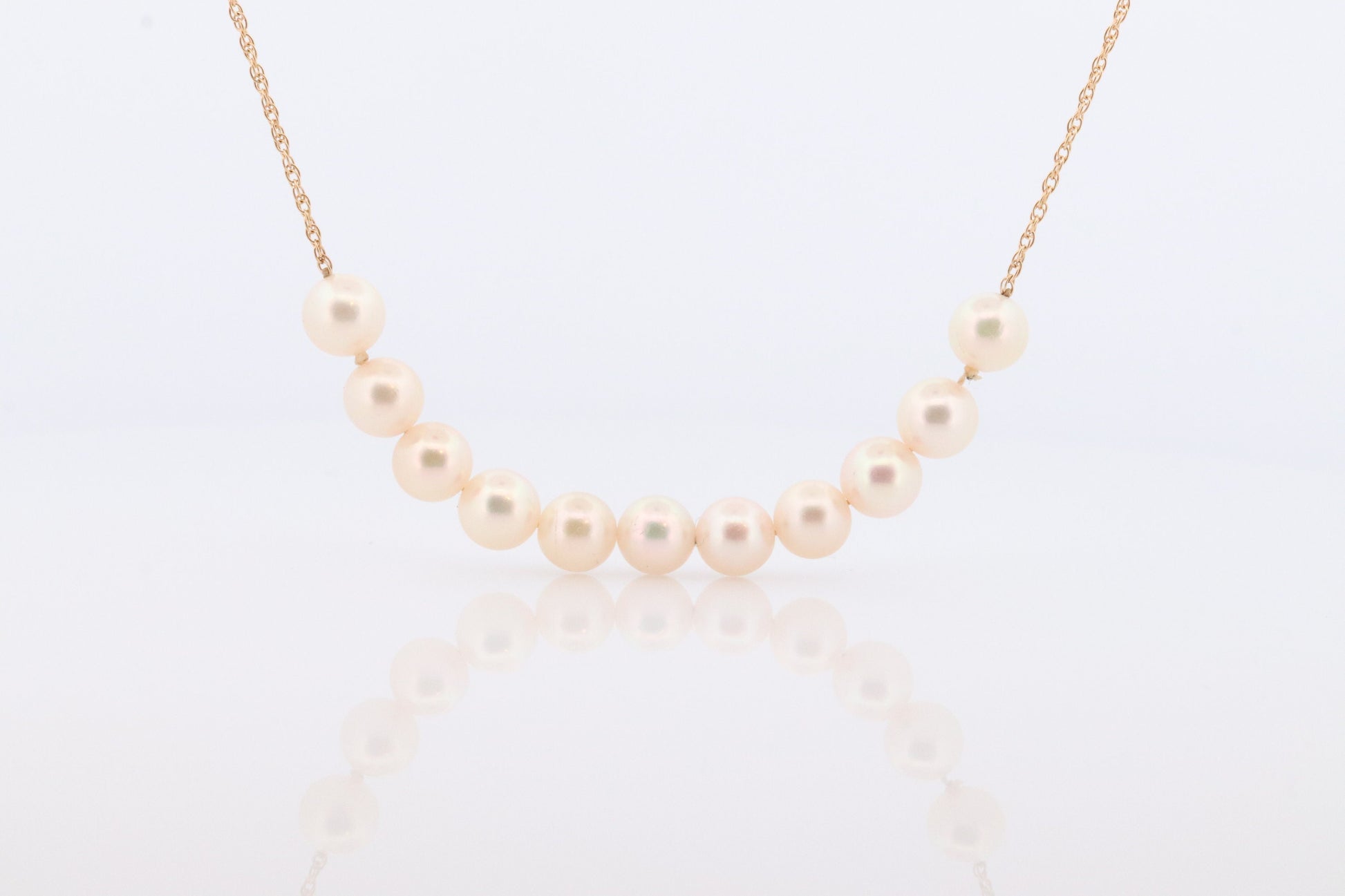 14k Akoya Pearl Necklace. Long Station Pearl Chain Necklace. 27in length 7mm AKOYA pearls. Layering Necklace. st(42)