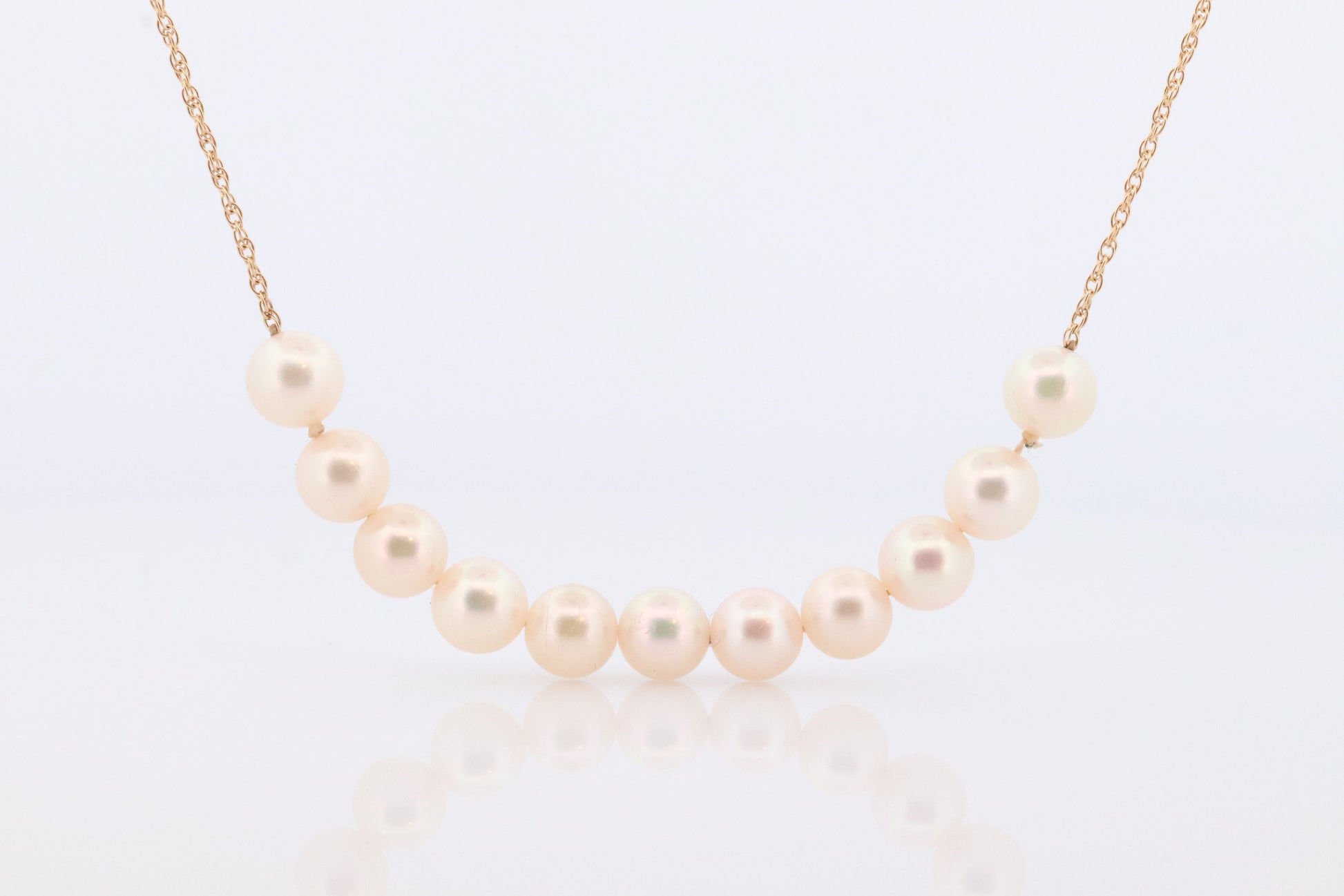 14k Akoya Pearl Necklace. Long Station Pearl Chain Necklace. 27in length 7mm AKOYA pearls. Layering Necklace. st(42)