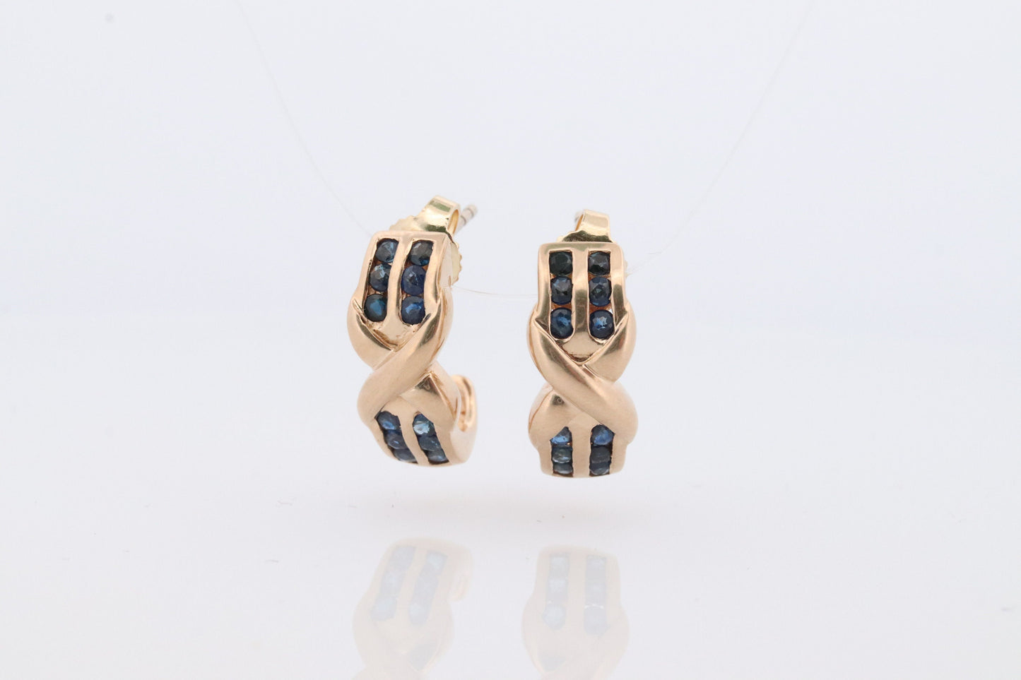 14k Sapphire cross X Dangle earrings. Criss X Channel set Sapphire hoop earrings. XOXO Love Kiss Hug Blue Sapphire Earrings.