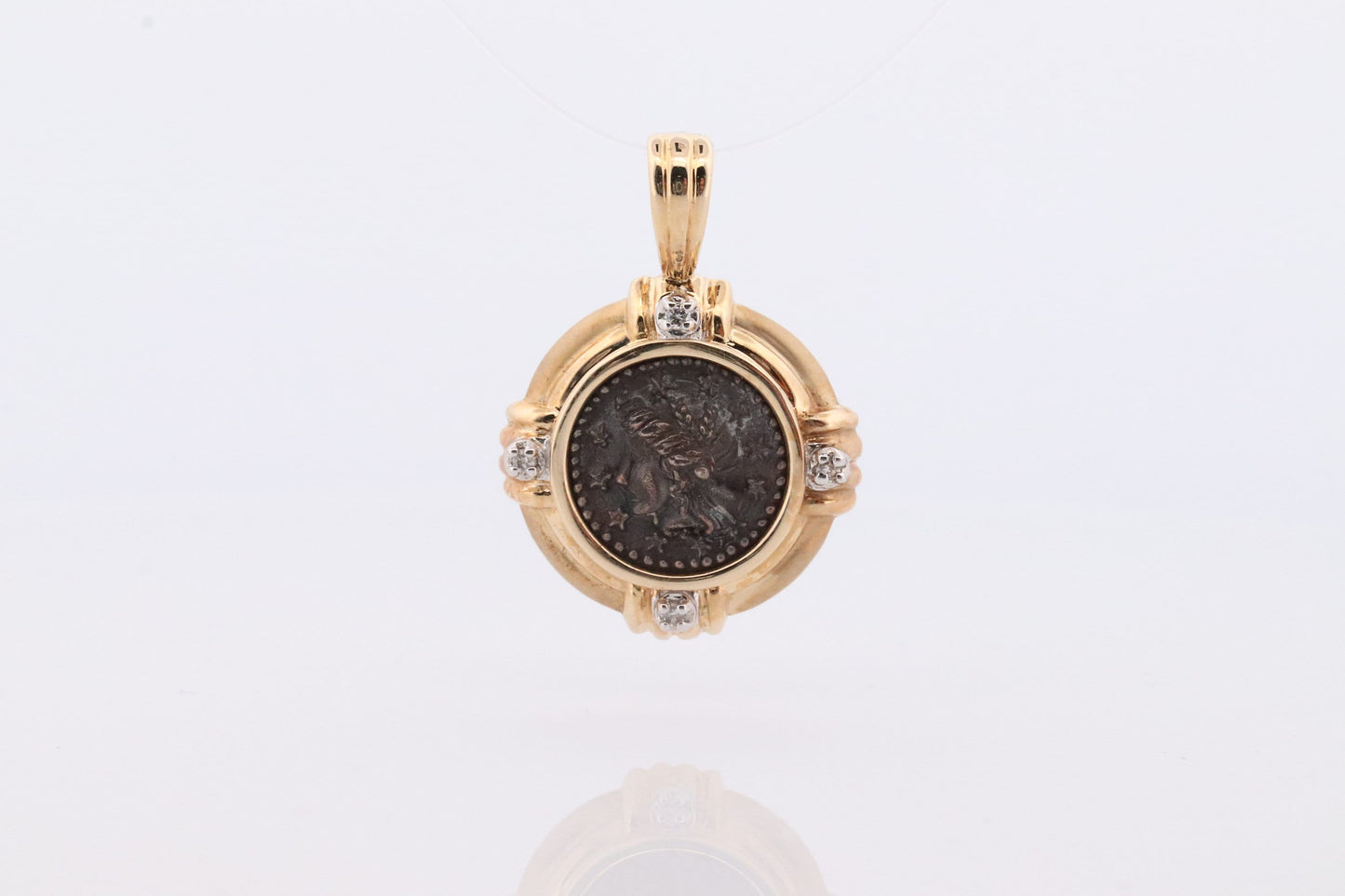 14k Coin Pendant Medallion. Sterling Silver Greek Roman Head Woman Cameo Bust bezel set with diamonds Pendant Charm.