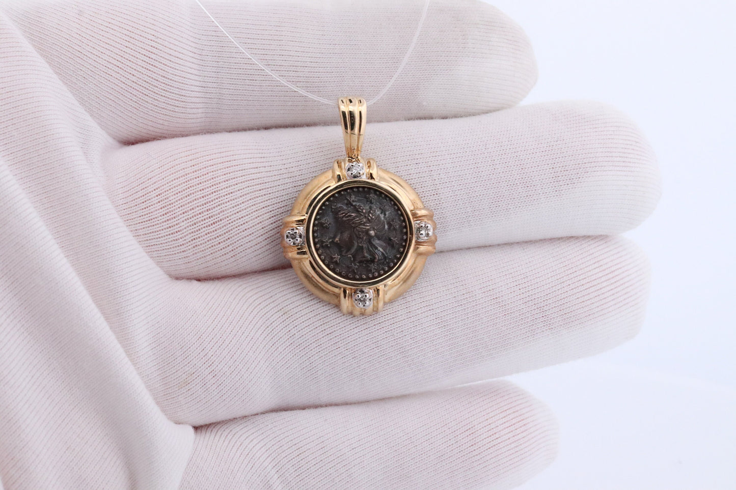 14k Coin Pendant Medallion. Sterling Silver Greek Roman Head Woman Cameo Bust bezel set with diamonds Pendant Charm.
