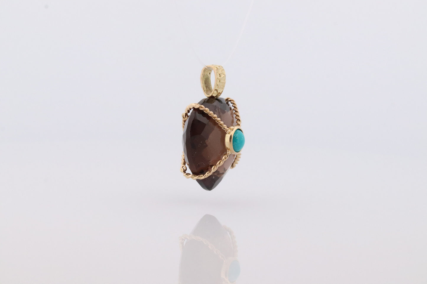 18k Heart Pendant. Smoky Quartz Carved Heart Pendant Charm. Turquoise Cabochon with 18k Bound Large Heart Pendant. st(92)