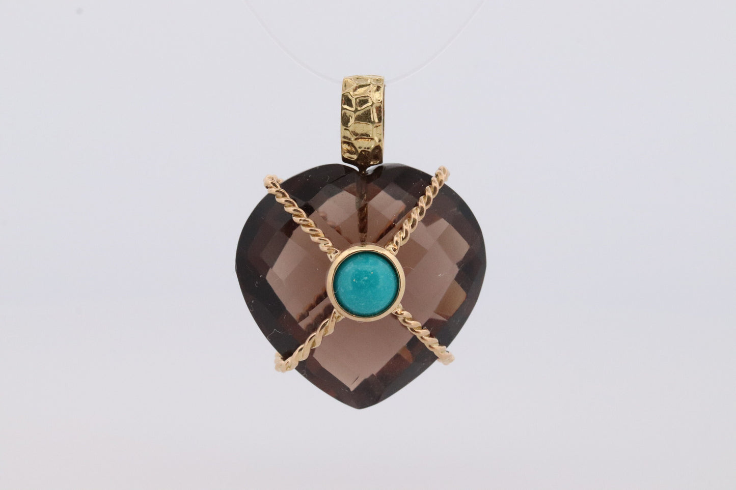 18k Heart Pendant. Smoky Quartz Carved Heart Pendant Charm. Turquoise Cabochon with 18k Bound Large Heart Pendant. st(92)