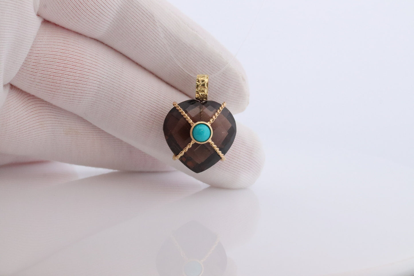 18k Heart Pendant. Smoky Quartz Carved Heart Pendant Charm. Turquoise Cabochon with 18k Bound Large Heart Pendant. st(92)
