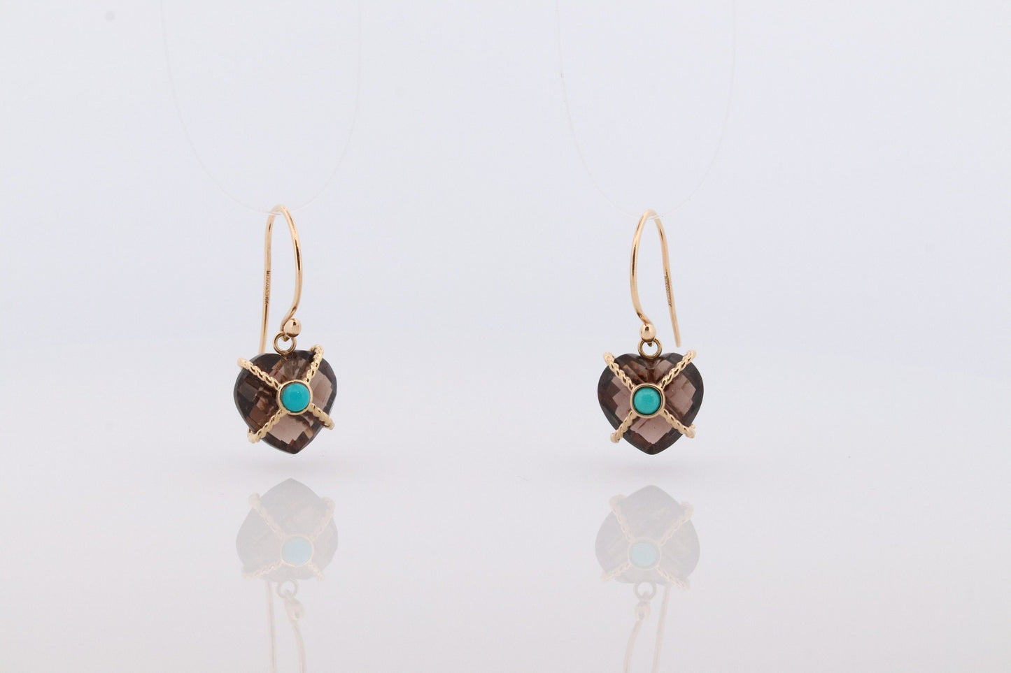 18k Heart Earrings. Smoky Quartz Carved Heart Dangle Earrings. Turquoise Cabochon with 18k Bound Large Heart. st(92)