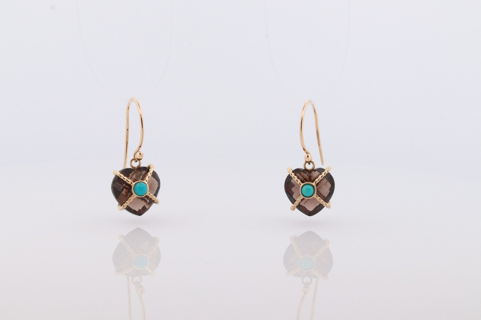 18k Heart Earrings. Smoky Quartz Carved Heart Dangle Earrings. Turquoise Cabochon with 18k Bound Large Heart. st(92)