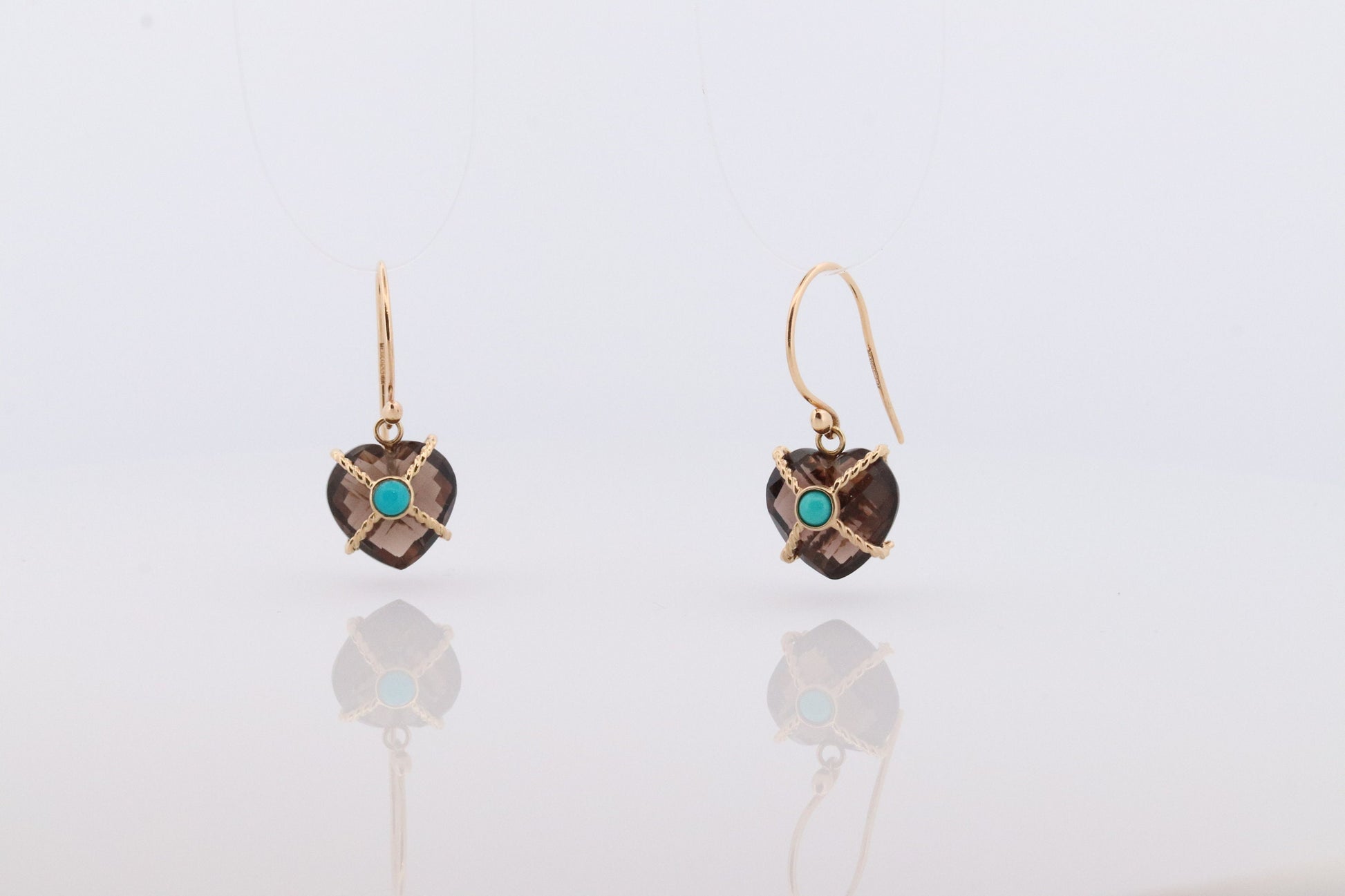 18k Heart Earrings. Smoky Quartz Carved Heart Dangle Earrings. Turquoise Cabochon with 18k Bound Large Heart. st(92)