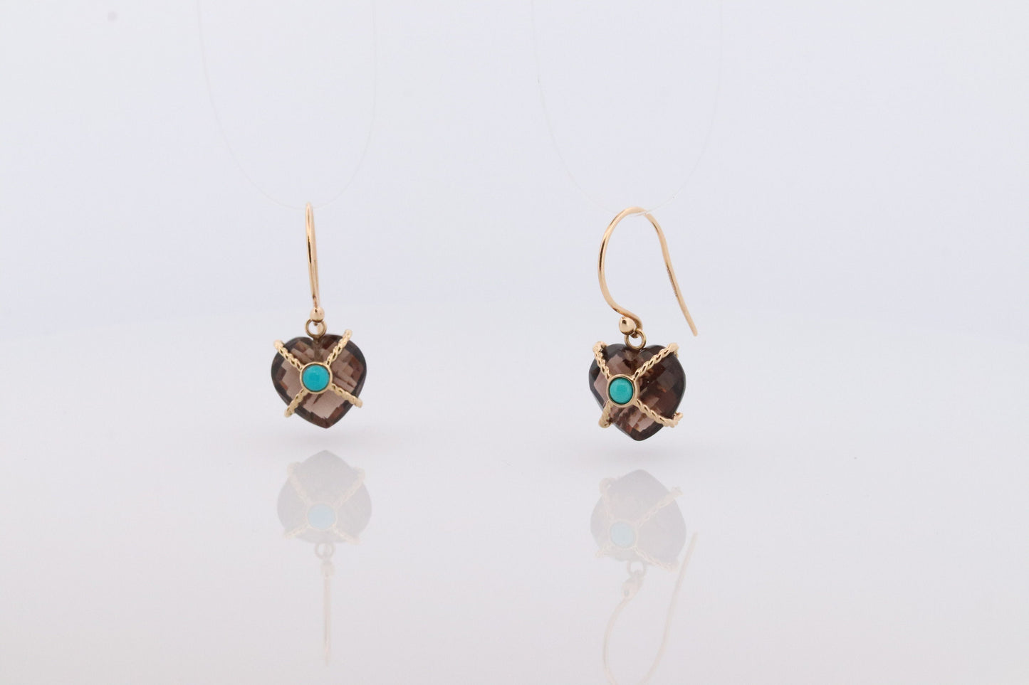 18k Heart Earrings. Smoky Quartz Carved Heart Dangle Earrings. Turquoise Cabochon with 18k Bound Large Heart. st(92)