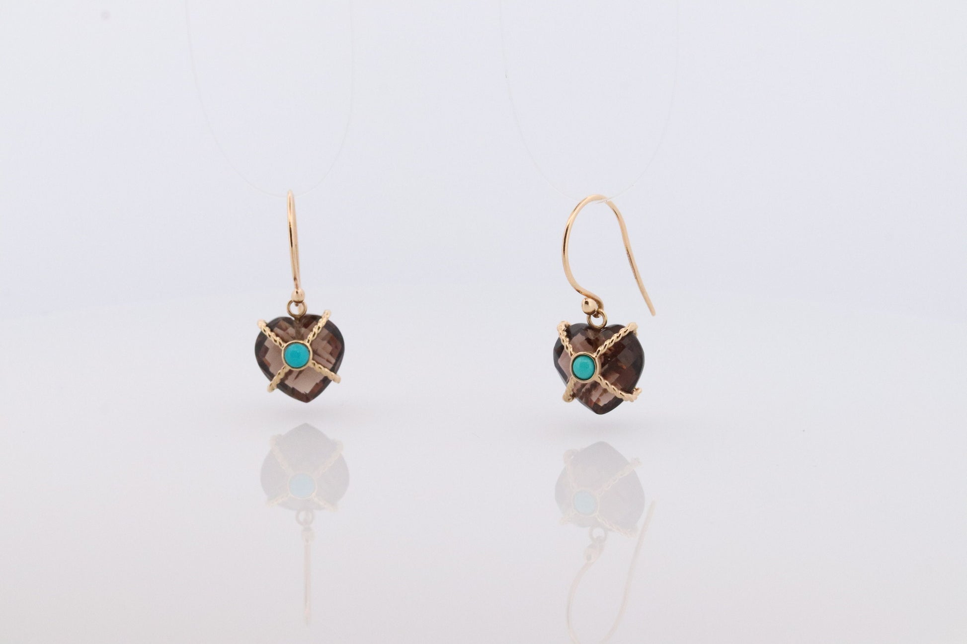 18k Heart Earrings. Smoky Quartz Carved Heart Dangle Earrings. Turquoise Cabochon with 18k Bound Large Heart. st(92)