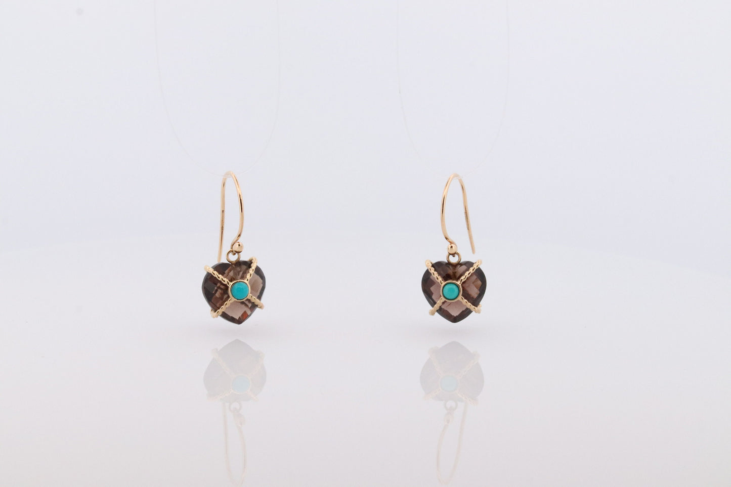 18k Heart Earrings. Smoky Quartz Carved Heart Dangle Earrings. Turquoise Cabochon with 18k Bound Large Heart. st(92)