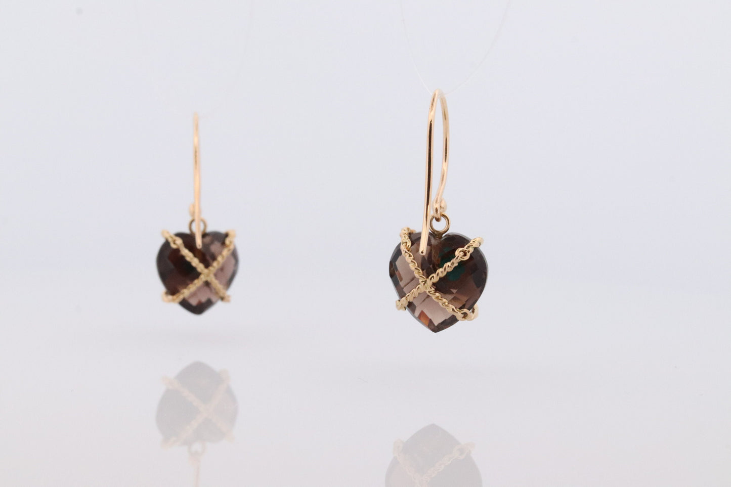 18k Heart Earrings. Smoky Quartz Carved Heart Dangle Earrings. Turquoise Cabochon with 18k Bound Large Heart. st(92)