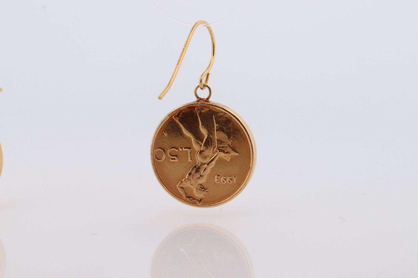 14k Coin Dangle earrings. 14k 50 Lire Italian Republic 1991 Coin bezel set Charm Earrings. st(38)