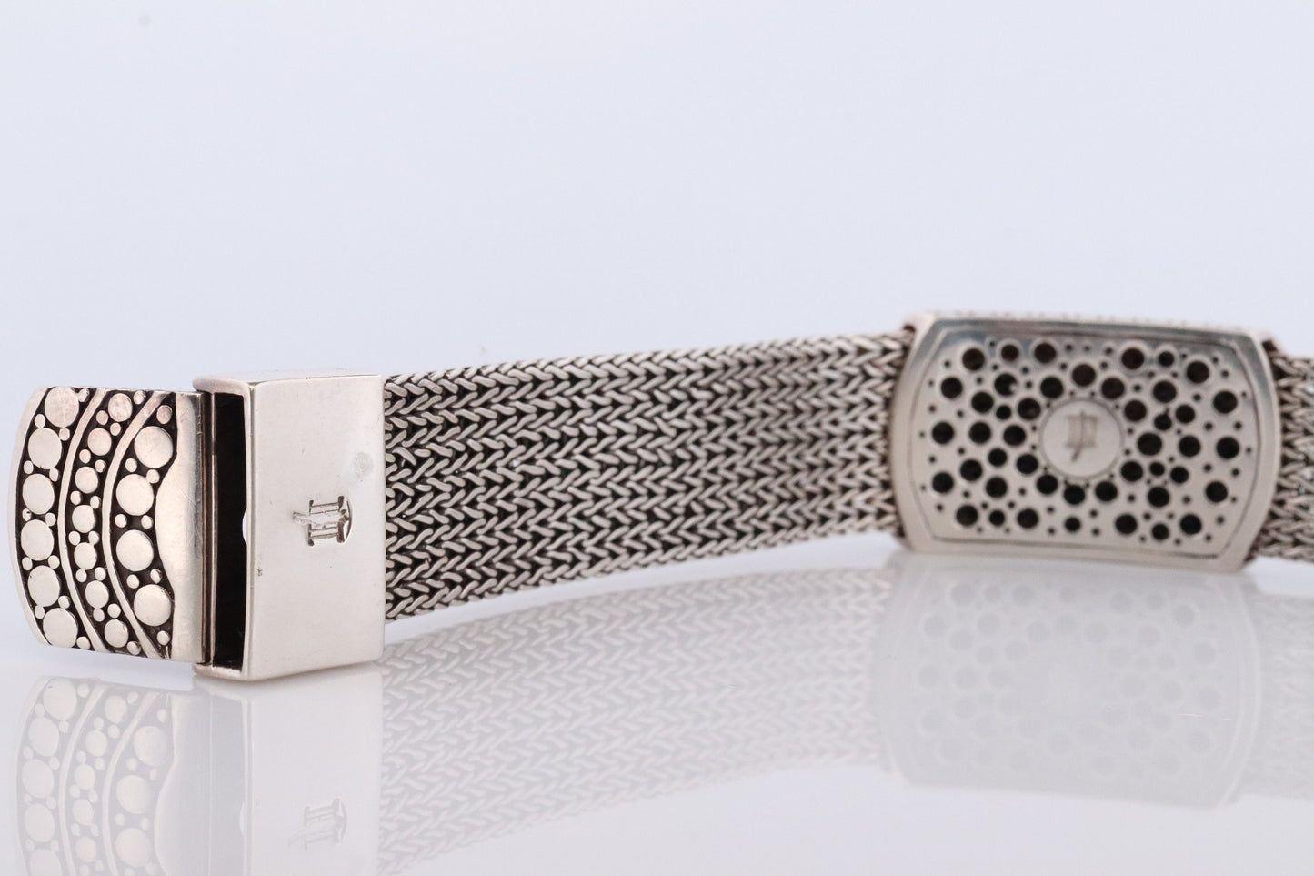 John Hardy Sterling Black Silver Sapphire Bracelet. John Hardy Pebble Pave Dot Palau Wide Heavy Buckle Foxtail Byzantine bracelet.