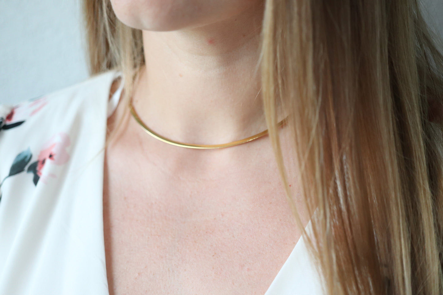 14k Omega Necklace. 14k Yellow White Gold Flat OMEGA Snake chain Necklace. MILOR 3mm 16in length. Choker Collar necklace.