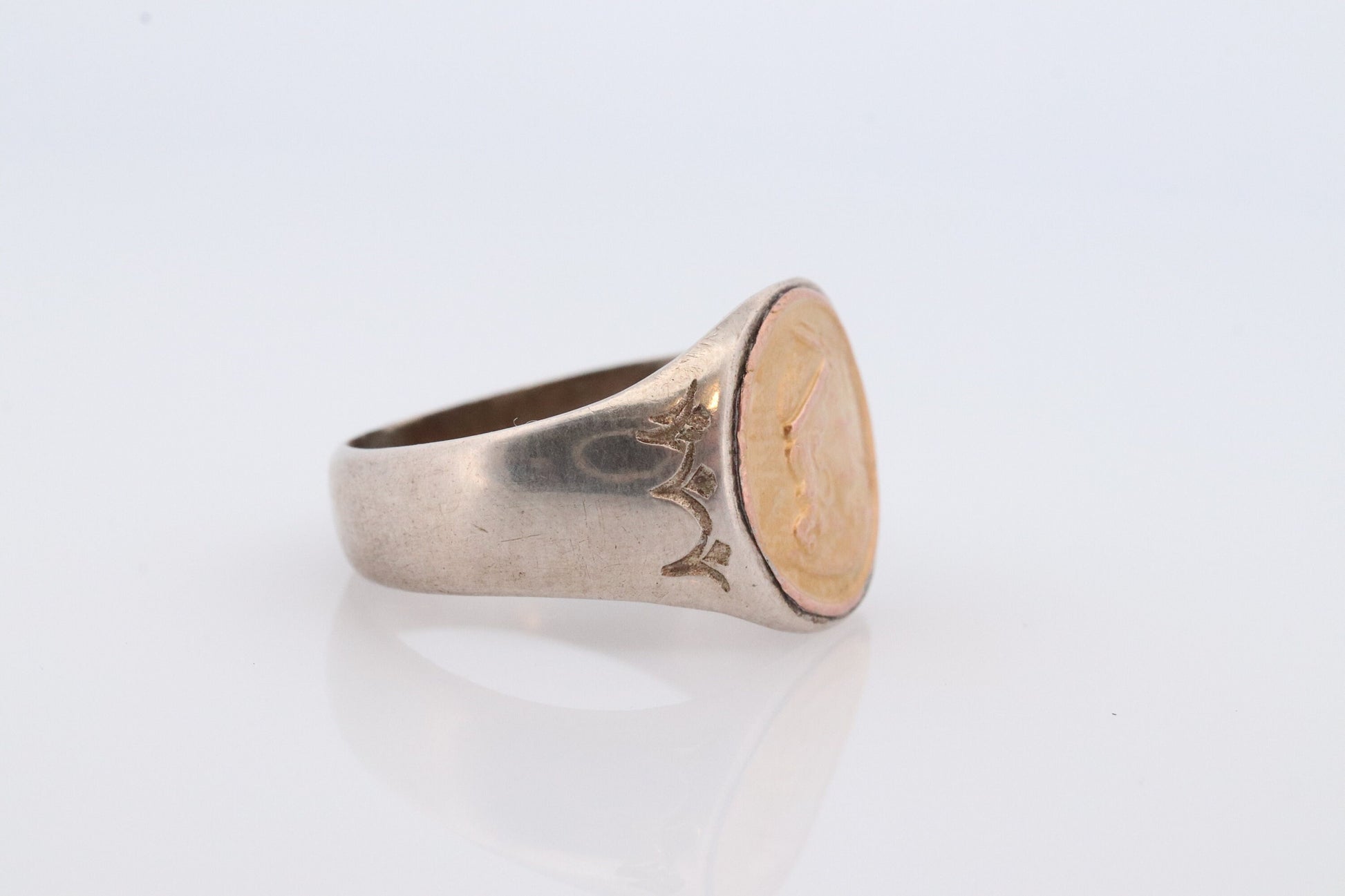 18k Heavy Signet ring. Aztec Mayan or Inca with Warrior Head Chief Bust. 18k Embossed coin Sterling Silver band