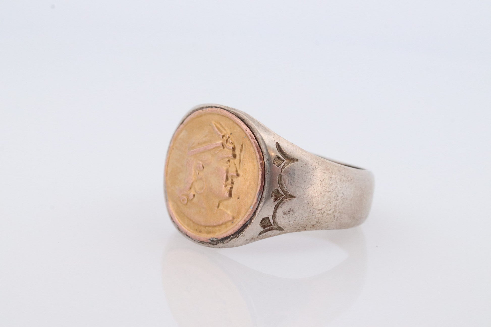 18k Heavy Signet ring. Aztec Mayan or Inca with Warrior Head Chief Bust. 18k Embossed coin Sterling Silver band