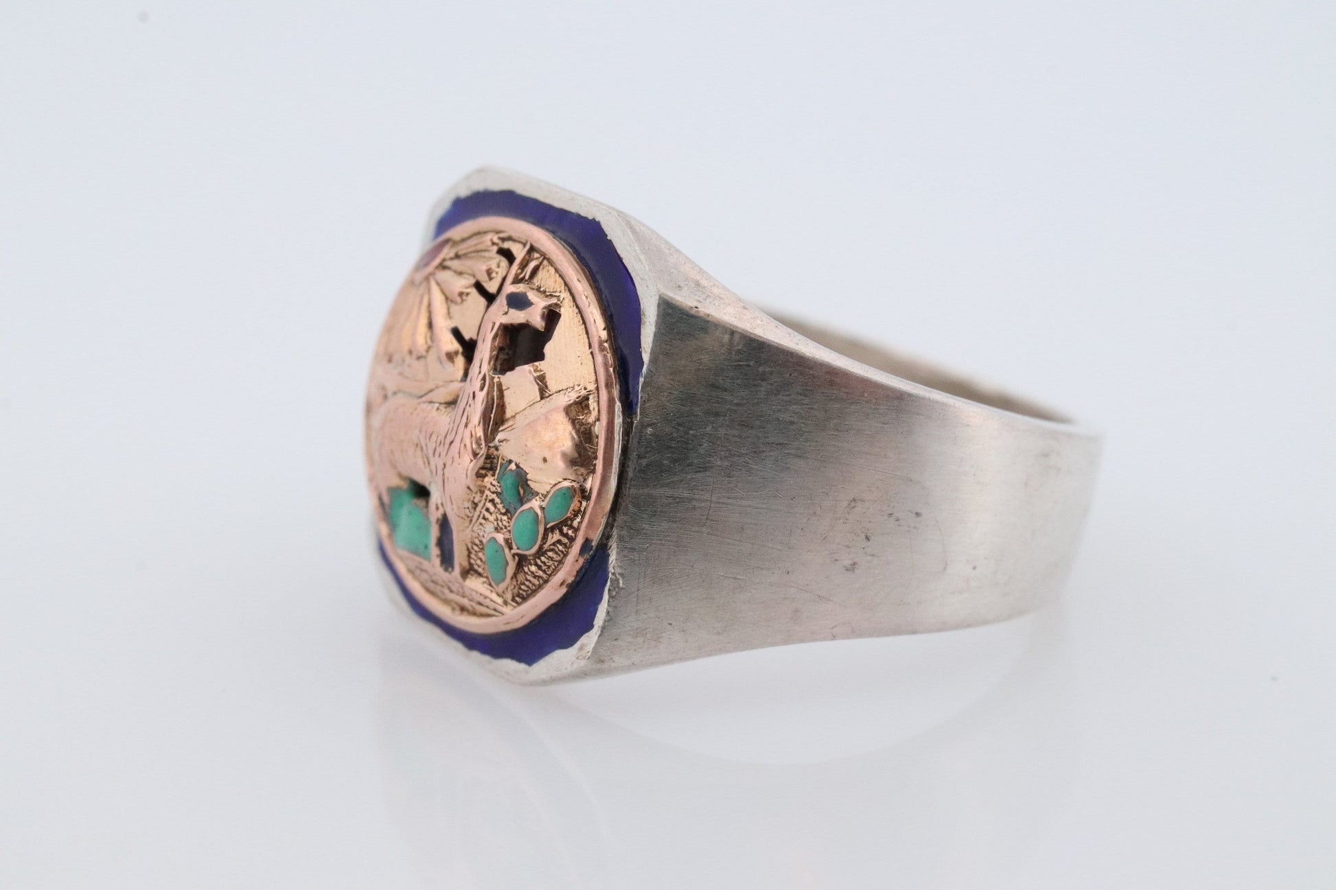 18k Heavy Signet ring. Aztec Mayan or Inca with Llama Alpaca Scenery Bust. Turquoise Enamel 18k Embossed coin Sterling Silver band